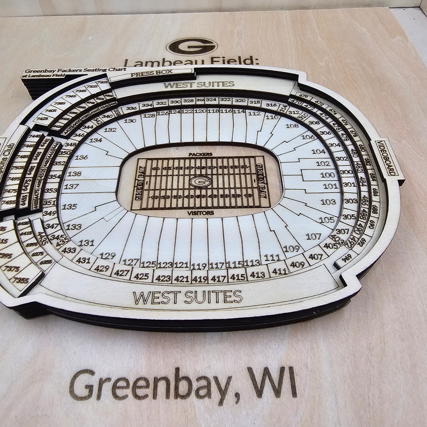3D Wooden Lambeau Field Seating Chart (12"x12") - Green Bay Packers Design