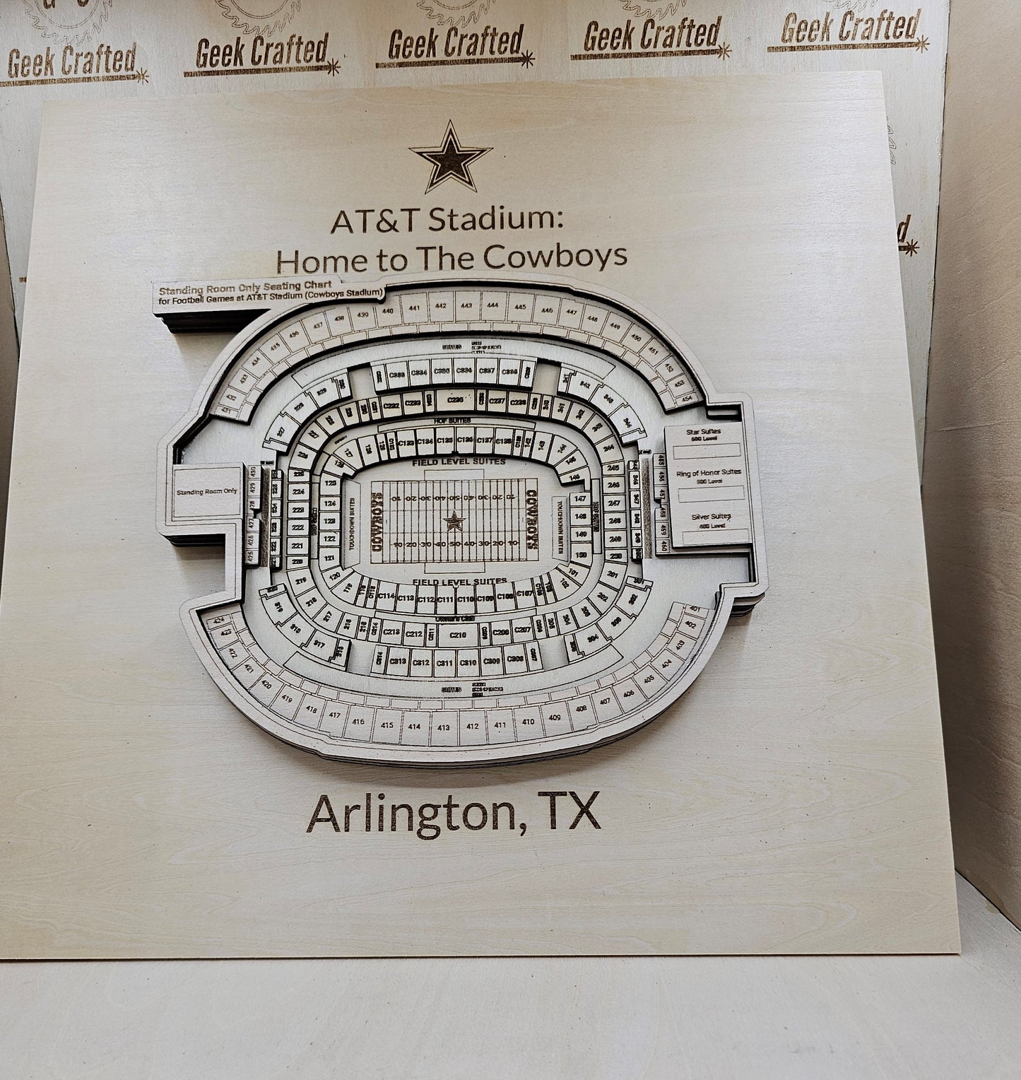 3D Wooden AT&T Stadium Seating Chart (12"x12") - Dallas Cowboys Design