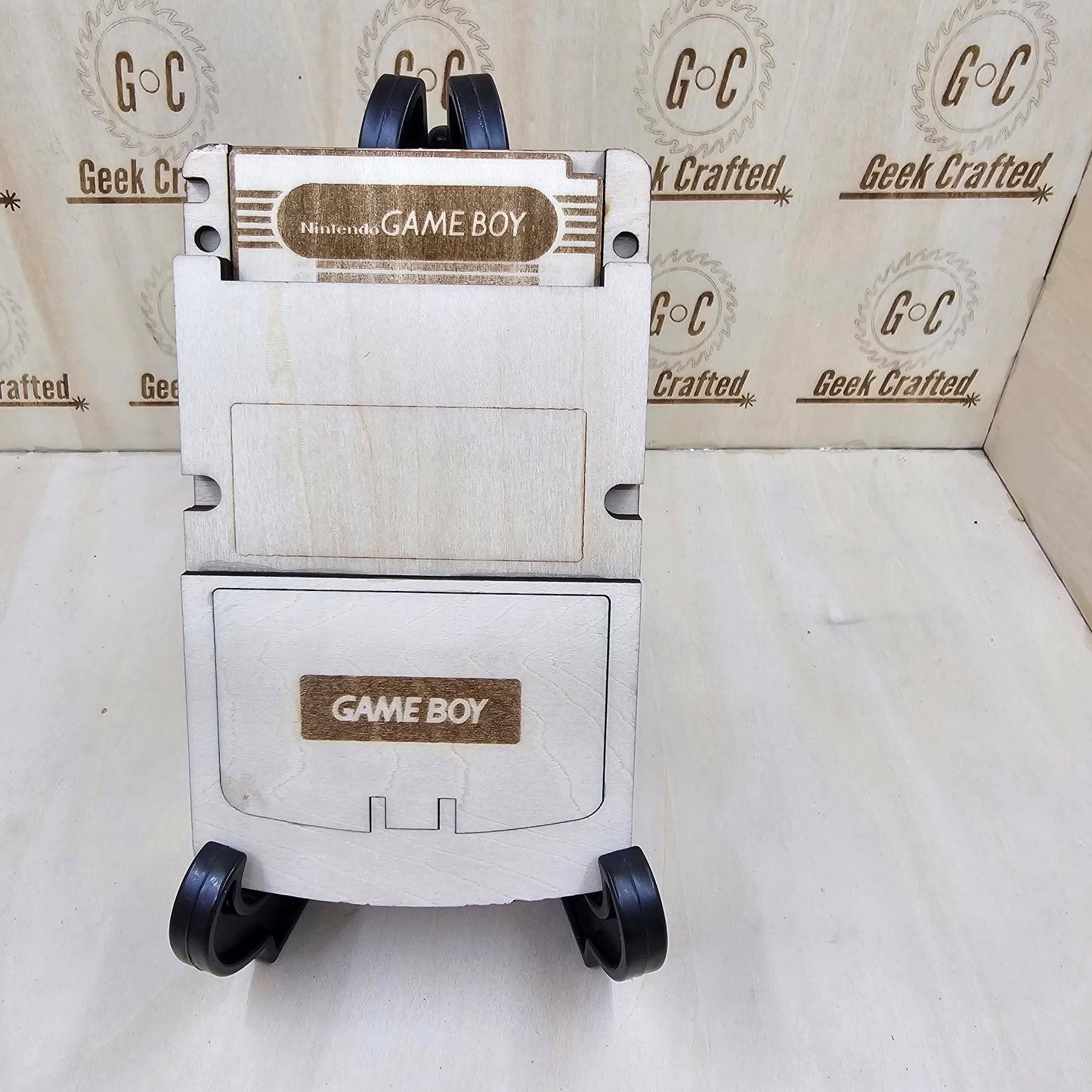 Wooden Laser-Cut Gameboy Replica with Interchangeable Screens and Cartridges